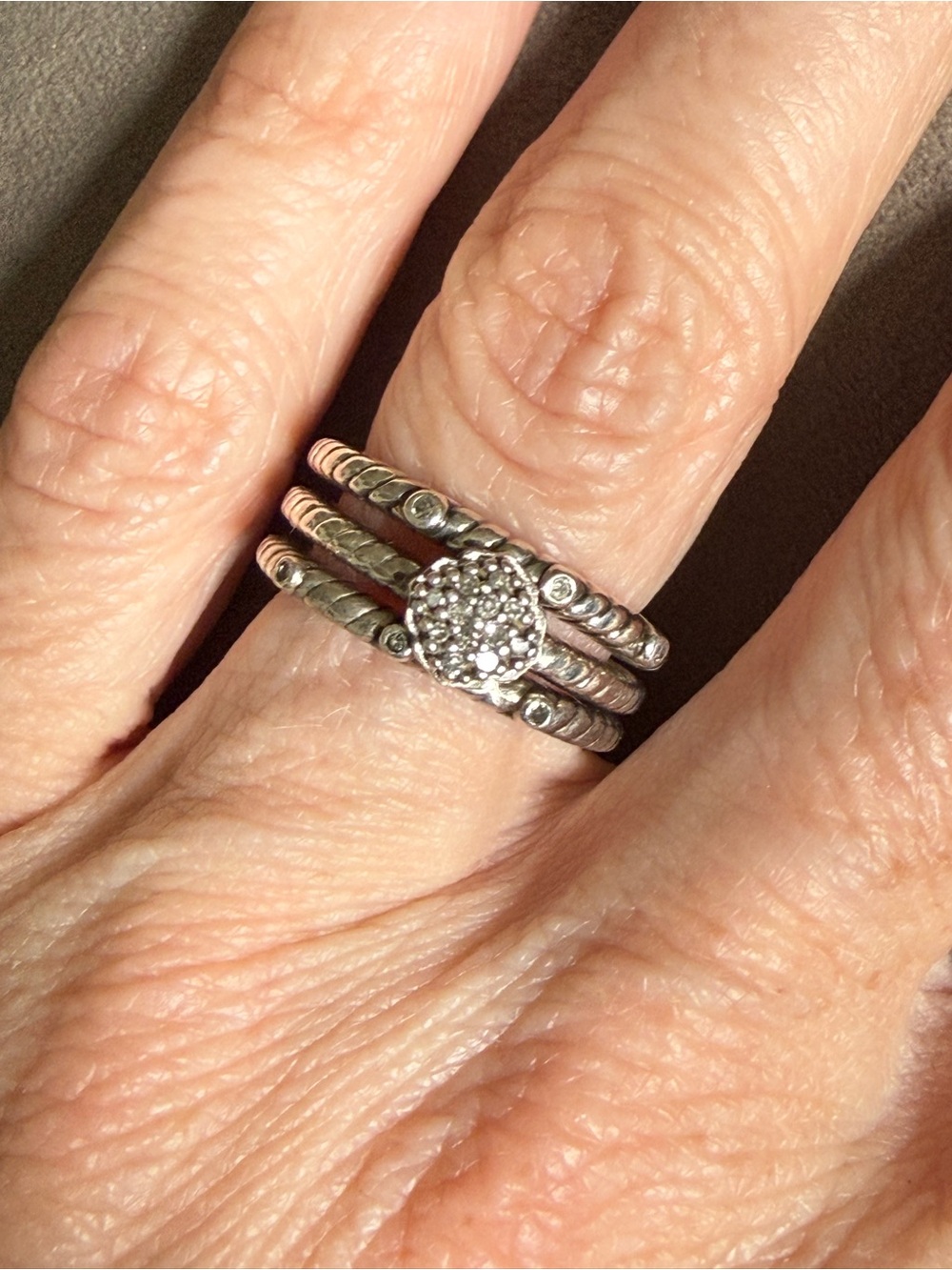 Sterling Silver Stackable Ring trio Set with genuine diamonds vintage